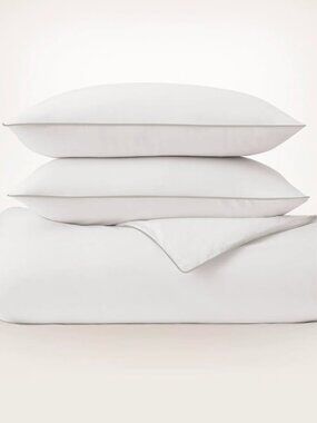 Boll & Branch Full/Queen White/Oak Percale Embellished Duvet Cover Set